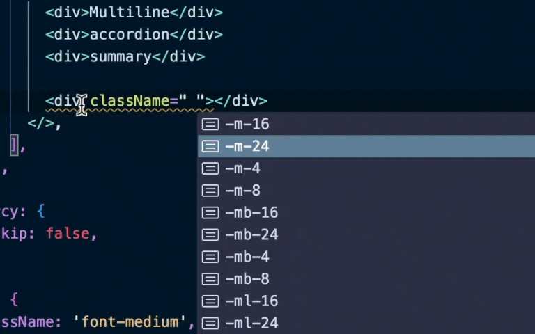 Autocomplete demo showing class name suggestions in VS Code